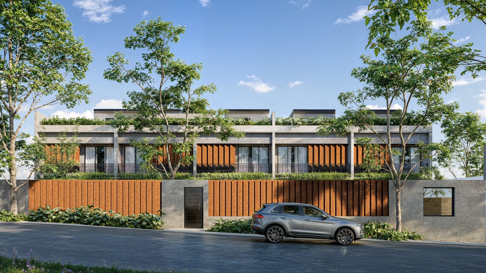 Fachada das casas de alto padrão do Townhouse São Valério 350, no Cidade Jardim