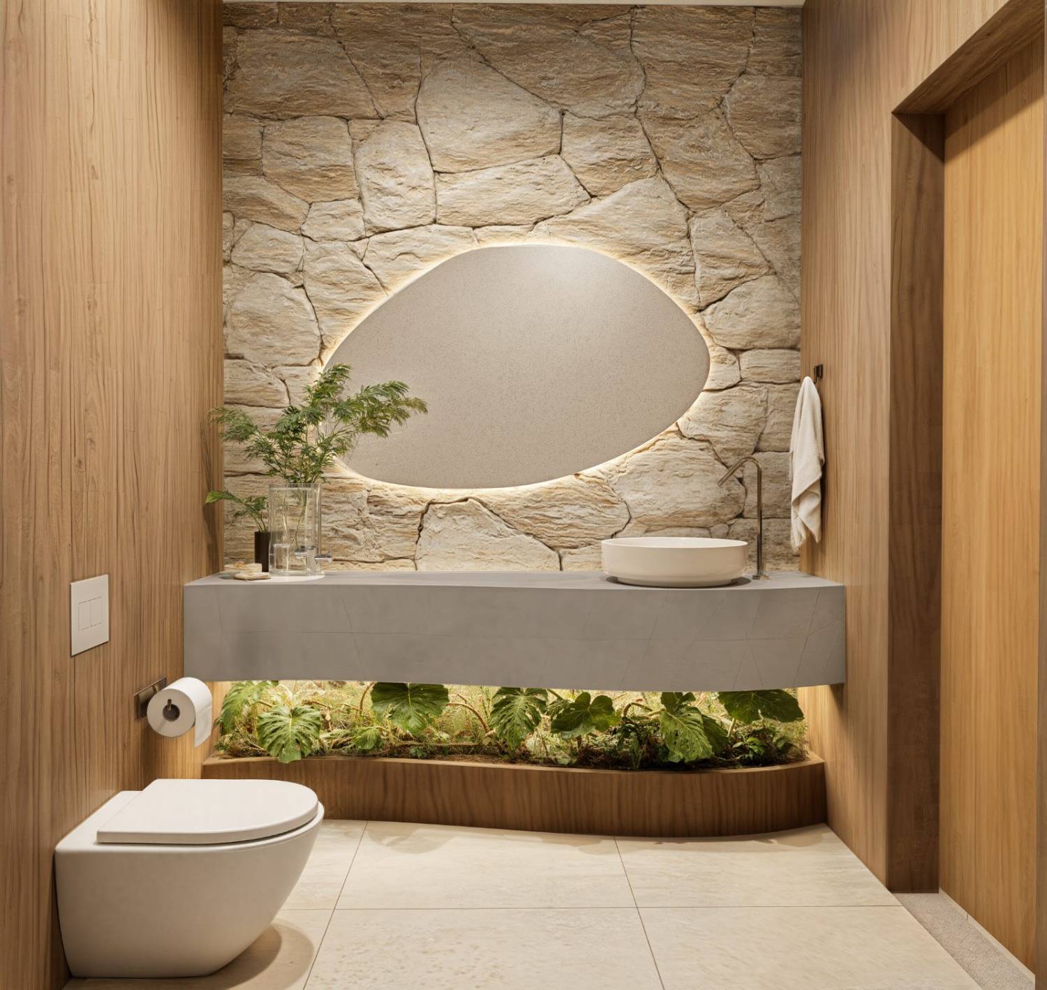 Lavabo com parede em pedra
